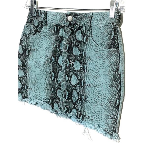 Blue Blush Snakeskin Jean Mini Skirt S Raw Hem Fairy Grunge Edgy Coachella Boho - Picture 2 of 6